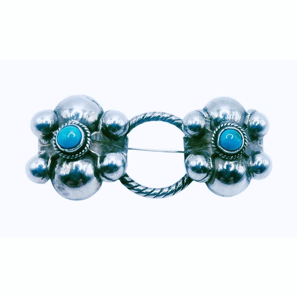 Silver and Turquoise Vintage Pin 2” x .75” with 2 Flower Design & Circle Center